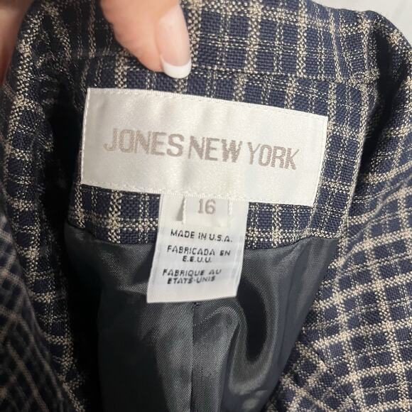 Vintage Jones New York Blazer Jacket size 16 Navy Blue Taupe Plaid 90's Y2K - Picture 8 of 8